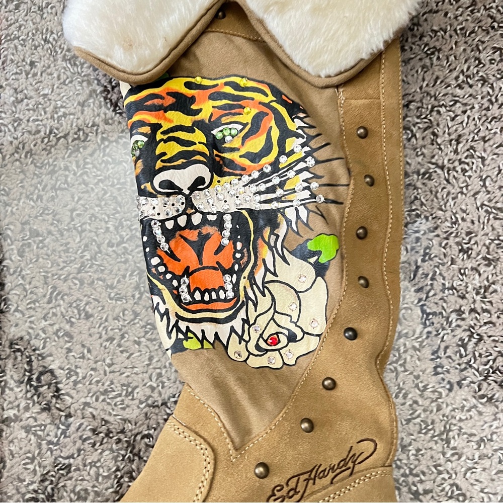 2008 Original Ed hardy tall tan suede boots with swarovski crystals - Picture 8 of 10